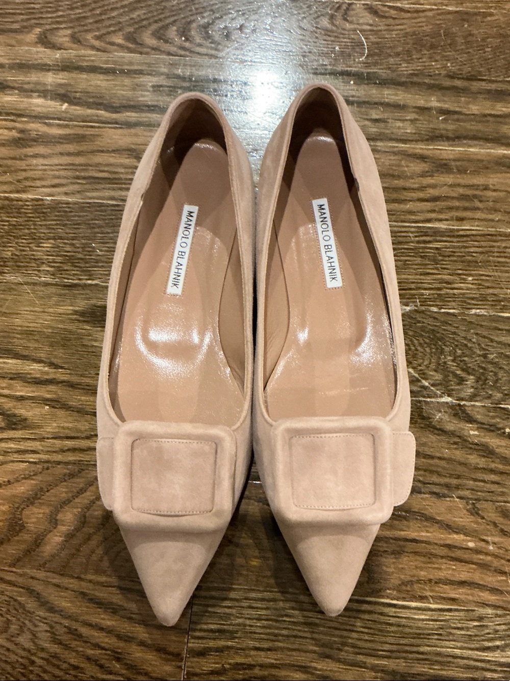 Manolo Blahnik Maysale nude Suede Pointed Toe Flats with pilgrim Buckle